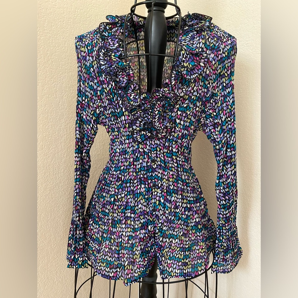 Cathaya Sheer Stretchy MultiColor Ruffle V Neck Long Sleeve Blouse Button Size L